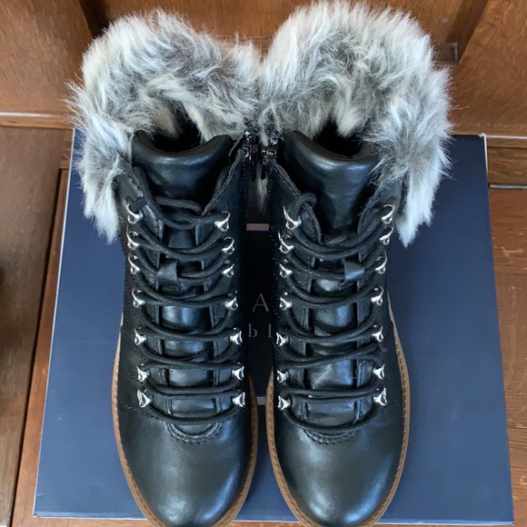 NEW Kari Blue Black Moto Boots With Heel and Faux Fur Trim - Picture 6 of 14